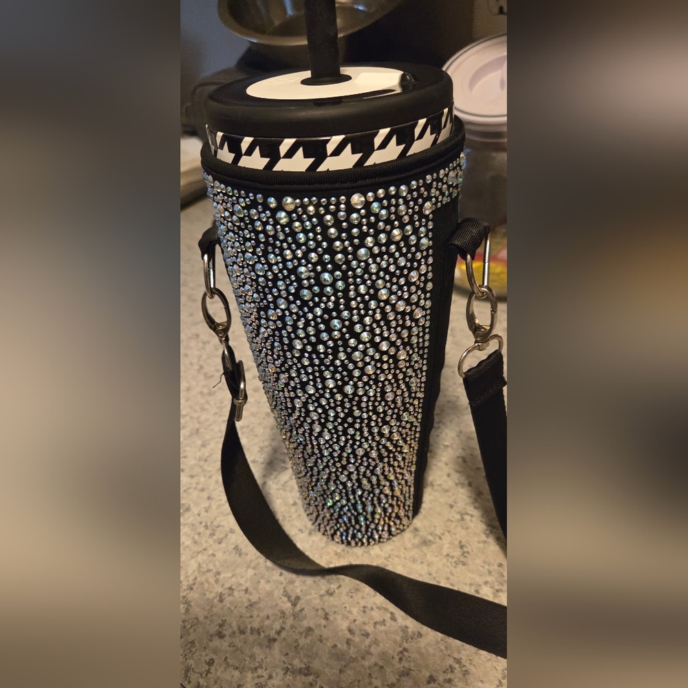 Rhinestone Studded Tumbler Holder with Strap